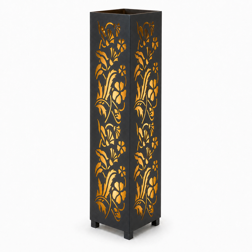 Design 035 black laser cut metal garden light tower with warm LED glow on white background