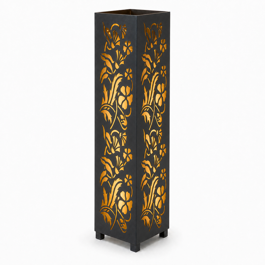 Design 035 black laser cut metal garden light tower with warm LED glow on white background