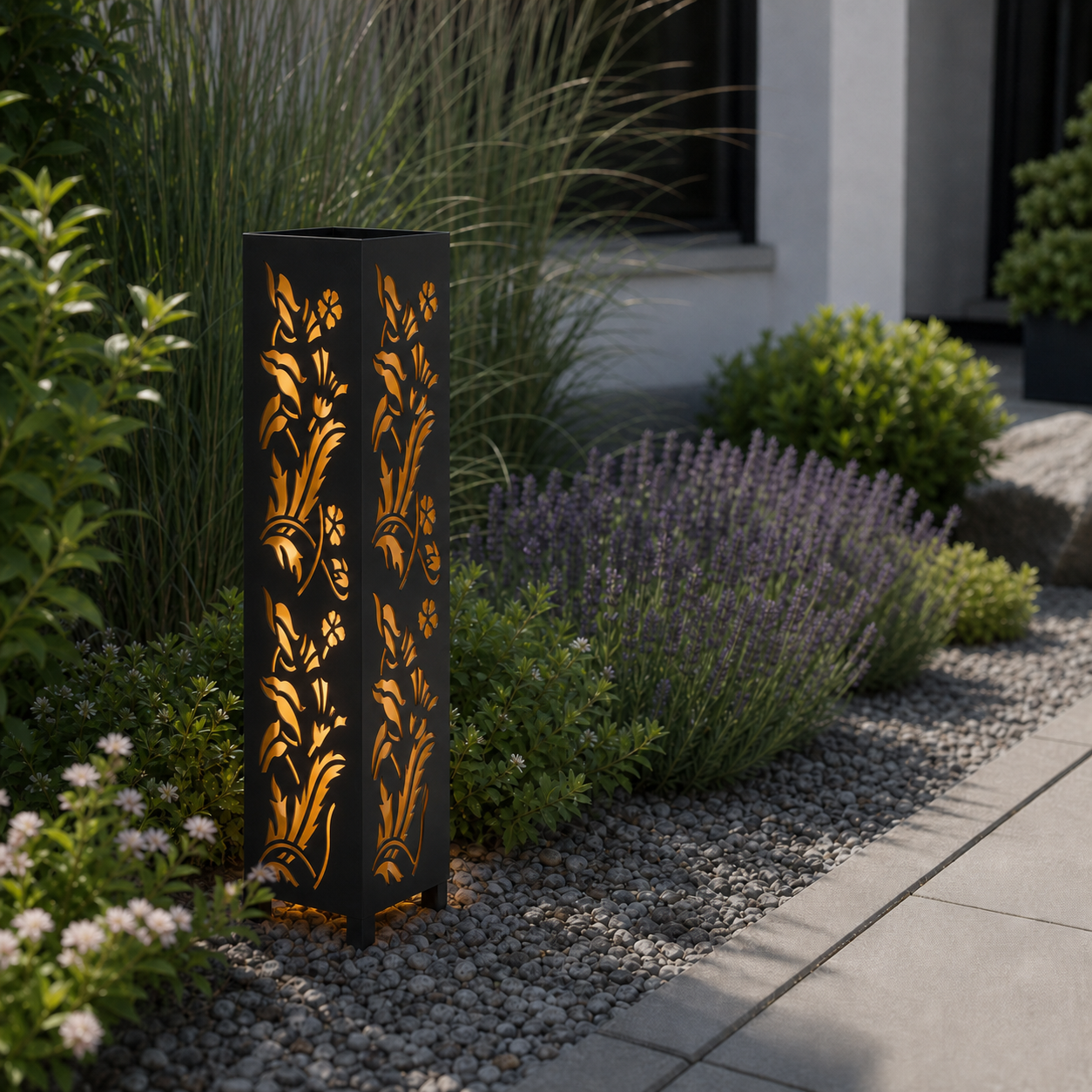 Design 035 laser cut garden light pillar installed in landscaped patio during daytime