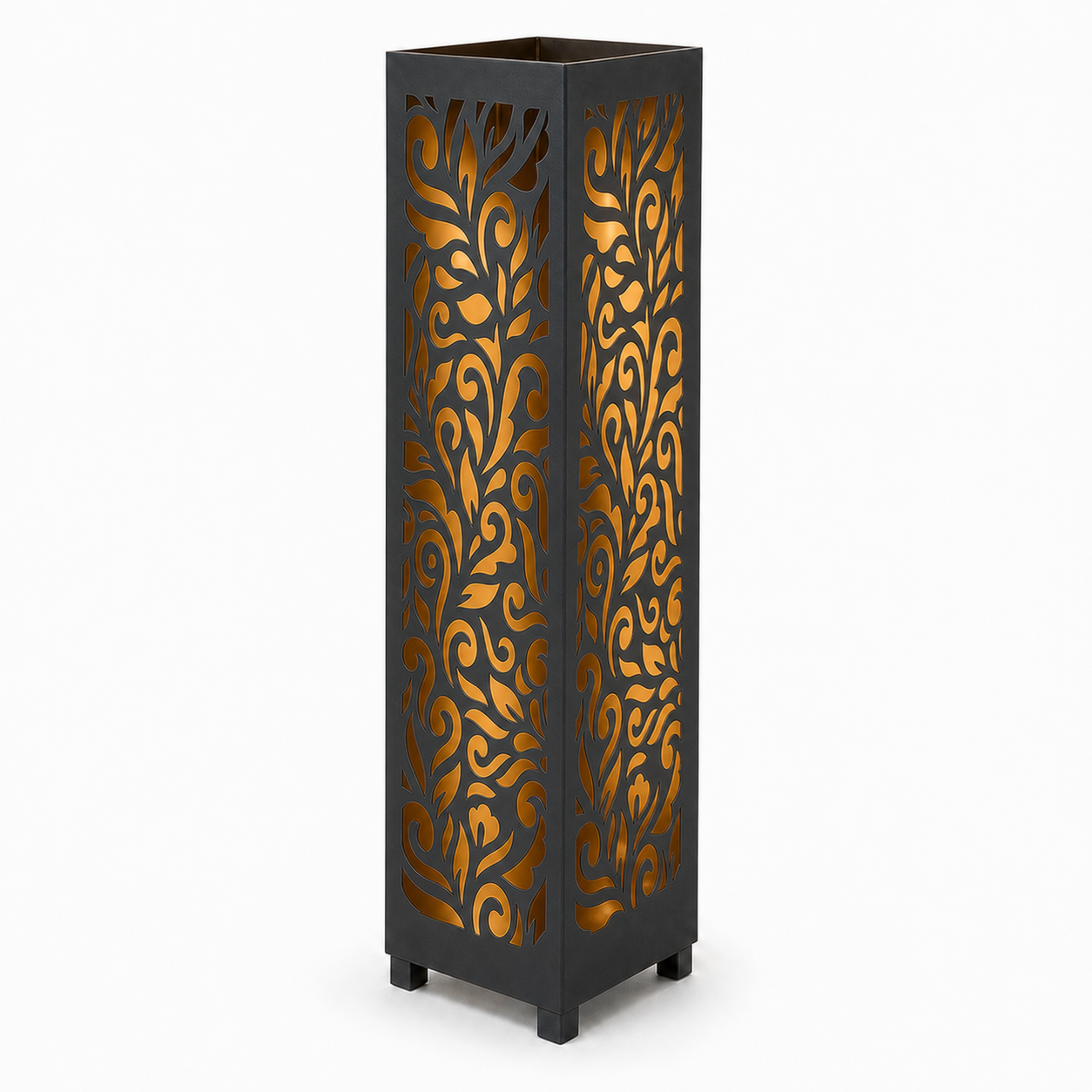 Design 036 black laser cut metal garden light tower with warm LED glow on white background