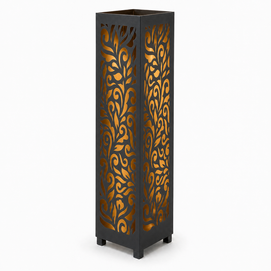 Design 036 black laser cut metal garden light tower with warm LED glow on white background