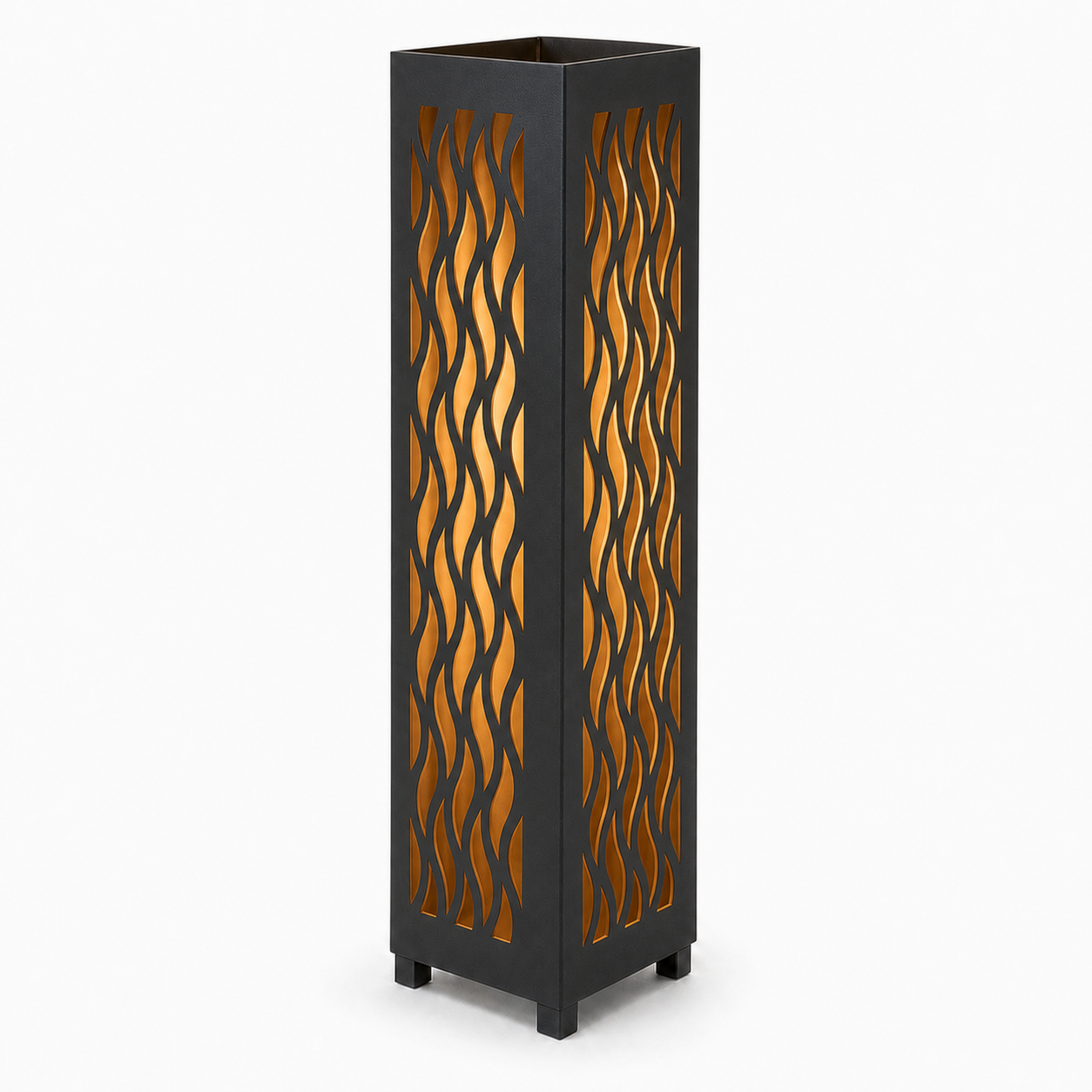 Design 037 black laser cut metal garden light tower with warm LED glow on white background