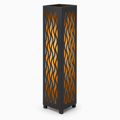 Design 037 black laser cut metal garden light tower with warm LED glow on white background