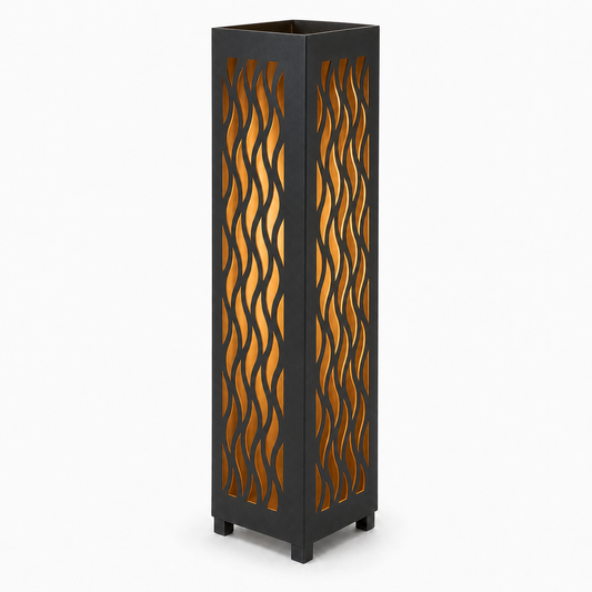 Design 037 black laser cut metal garden light tower with warm LED glow on white background