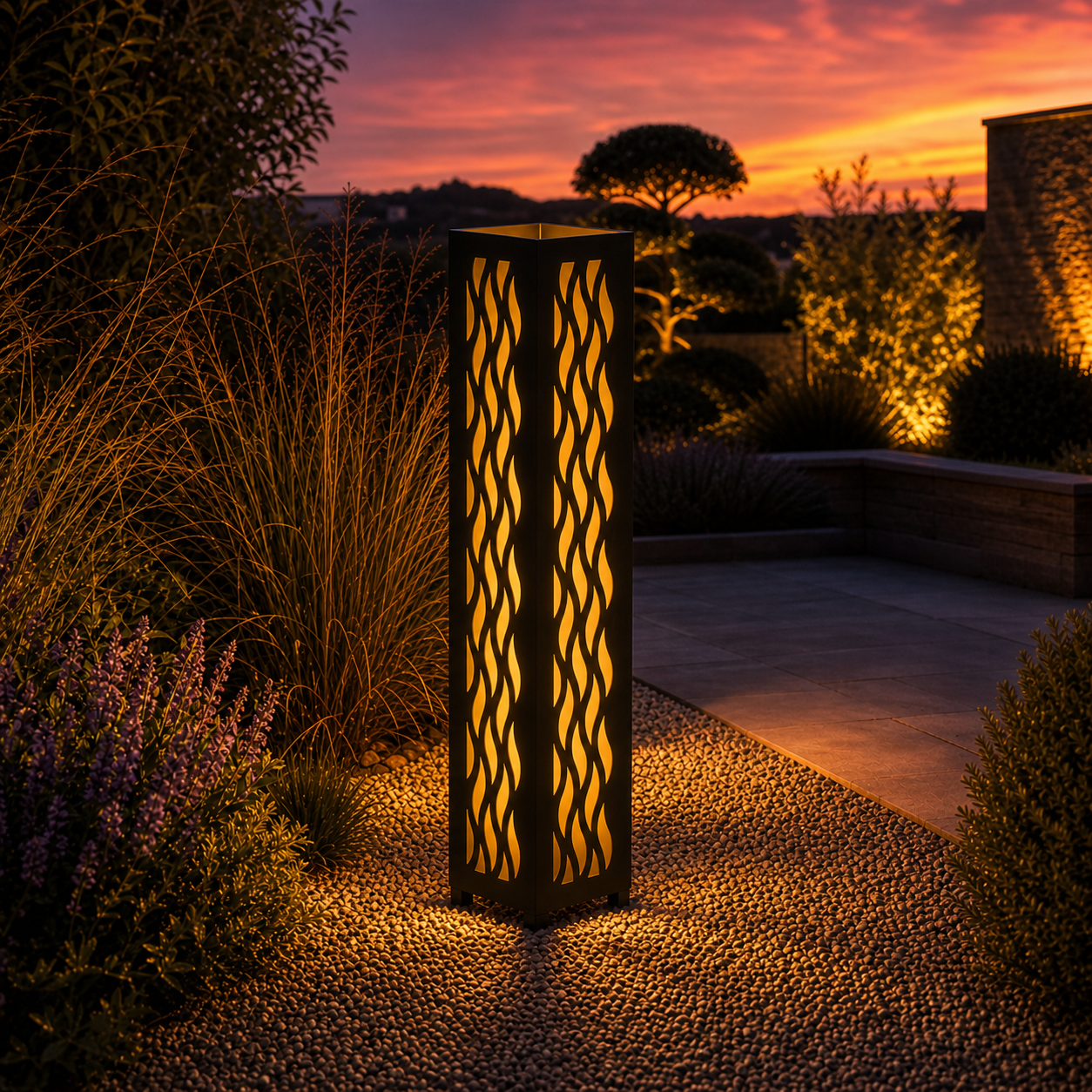 Design 037 outdoor decorative LED light column glowing at dusk in garden setting