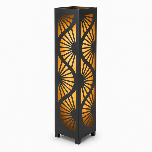 Design 038 black laser cut metal garden light tower with warm LED glow on white background