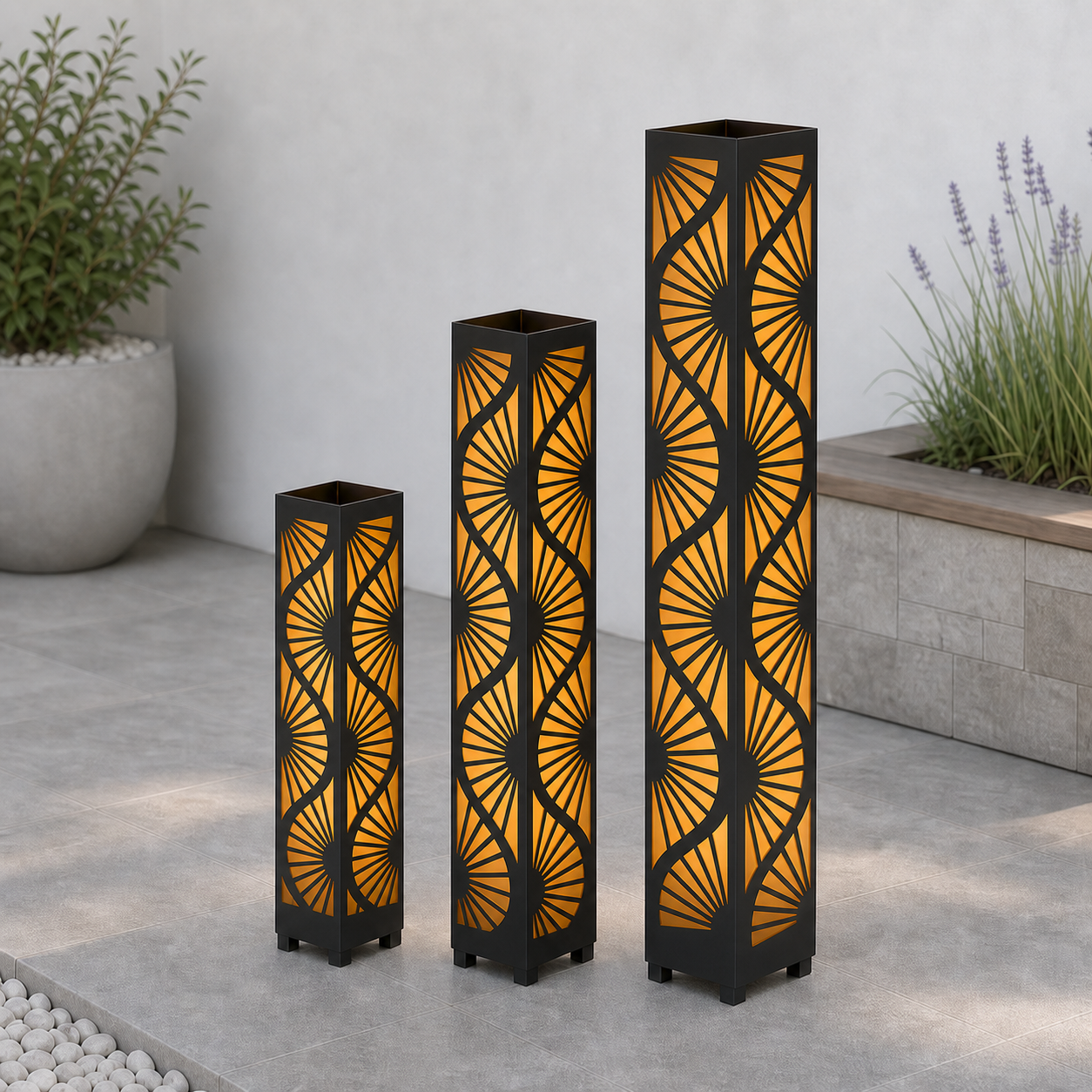 Design 038 laser cut garden light tower three size comparison