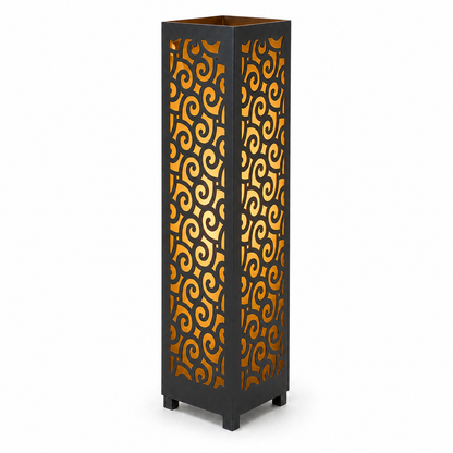 Design 039 black laser cut metal garden light tower with warm LED glow on white background