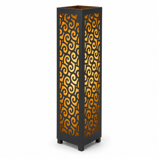Design 039 black laser cut metal garden light tower with warm LED glow on white background
