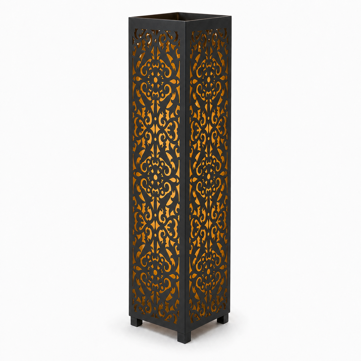Design 040 black laser cut metal garden light tower with warm LED glow on white background