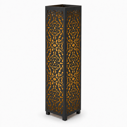Design 040 black laser cut metal garden light tower with warm LED glow on white background