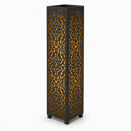 Design 040 black laser cut metal garden light tower with warm LED glow on white background