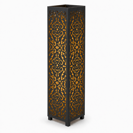 Design 040 black laser cut metal garden light tower with warm LED glow on white background