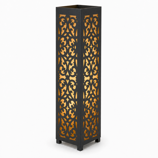 Design 041 black laser cut metal garden light tower with warm LED glow on white background