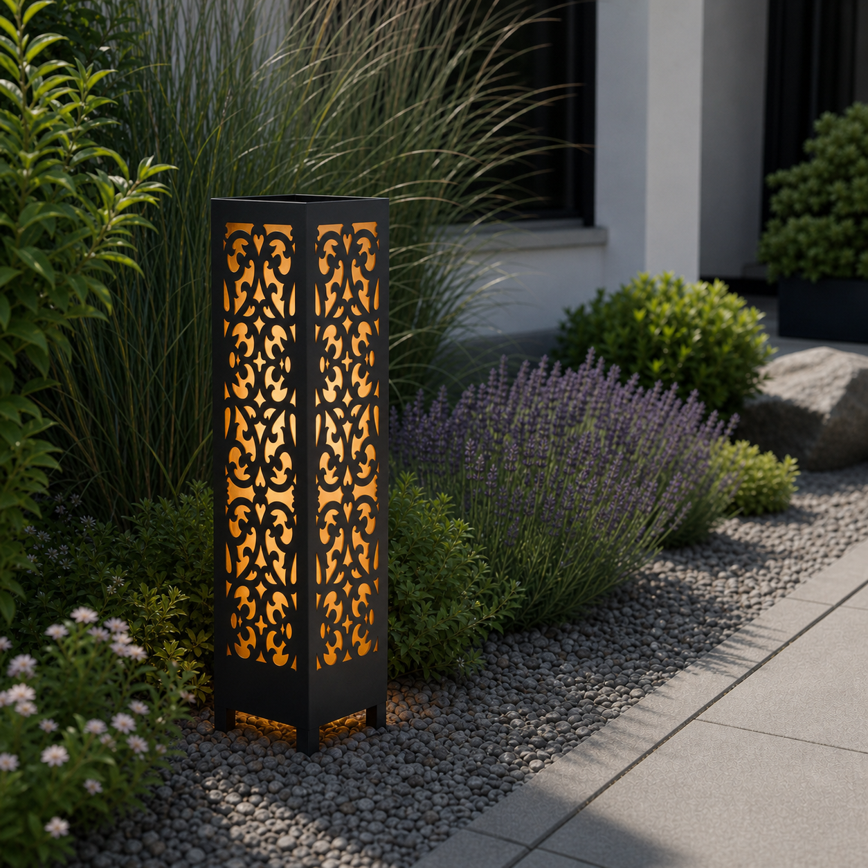 Design 041 laser cut garden light pillar installed in landscaped patio during daytime