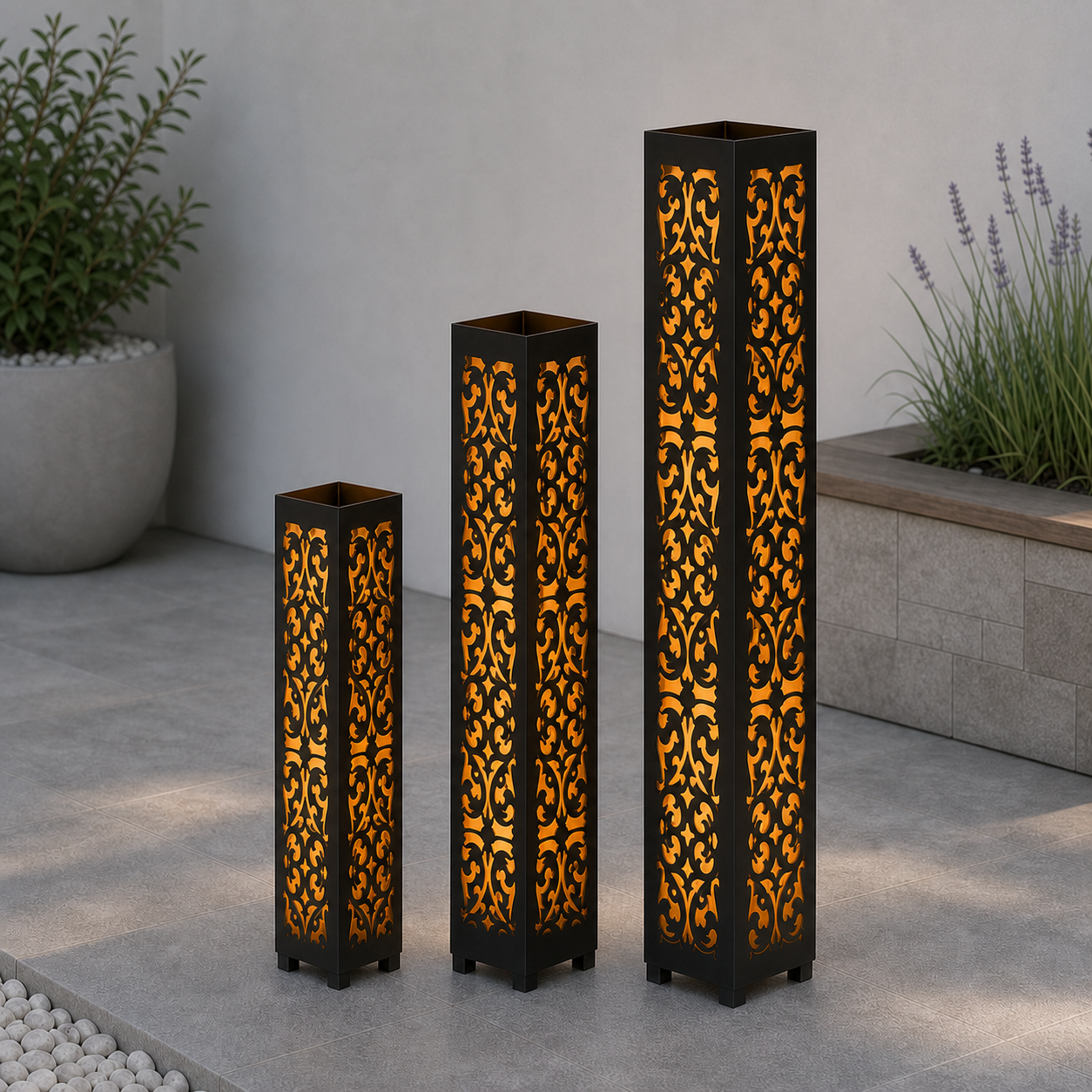 Design 041 laser cut garden light tower three size comparison