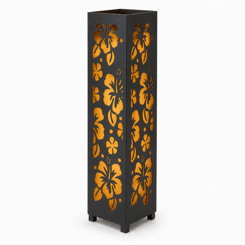 Design 042 black laser cut metal garden light tower with warm LED glow on white background