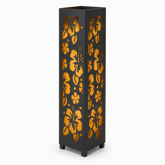Design 042 black laser cut metal garden light tower with warm LED glow on white background