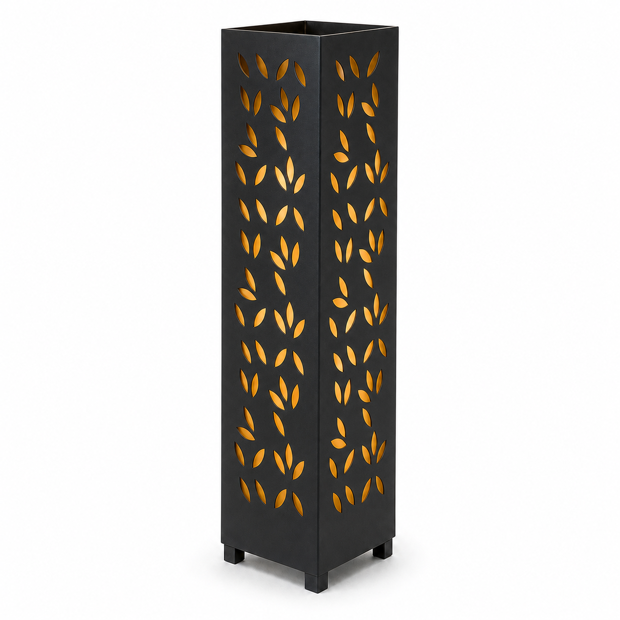 Design 043 black laser cut metal garden light tower with warm LED glow on white background