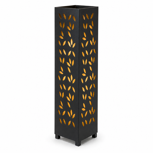 Design 043 black laser cut metal garden light tower with warm LED glow on white background