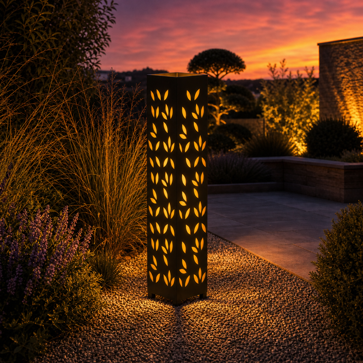 Design 043 outdoor decorative LED light column glowing at dusk in garden setting
