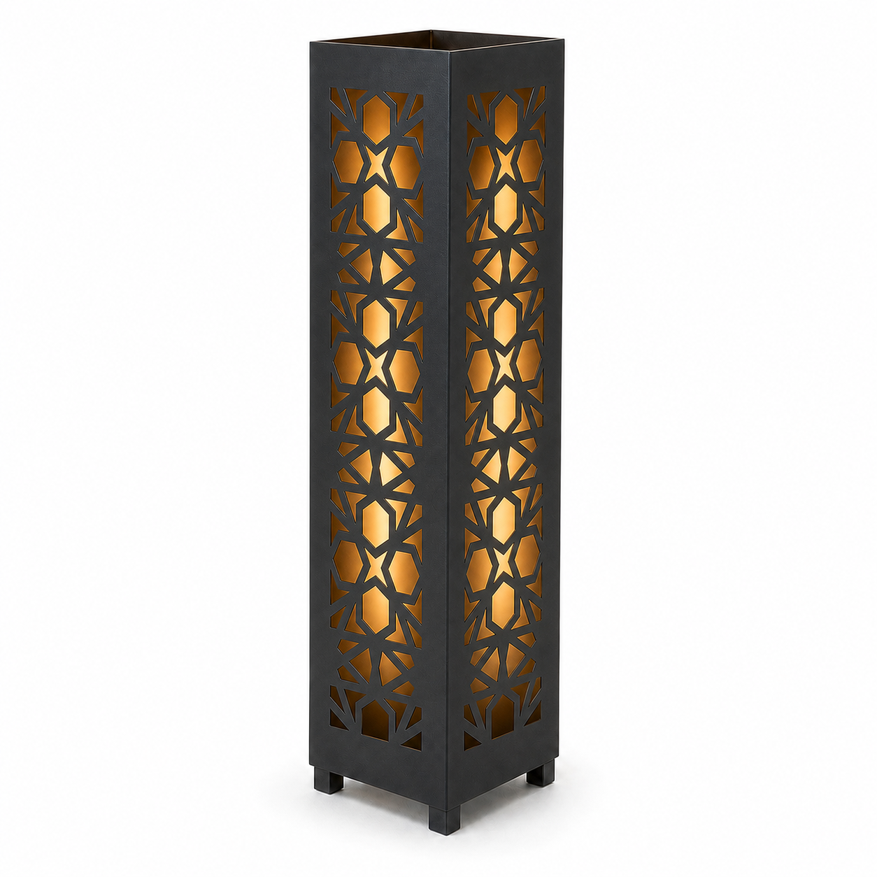 Design 044 black laser cut metal garden light tower with warm LED glow on white background