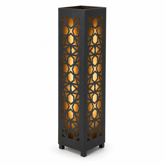 Design 044 black laser cut metal garden light tower with warm LED glow on white background