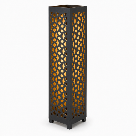 Design 045 black laser cut metal garden light tower with warm LED glow on white background