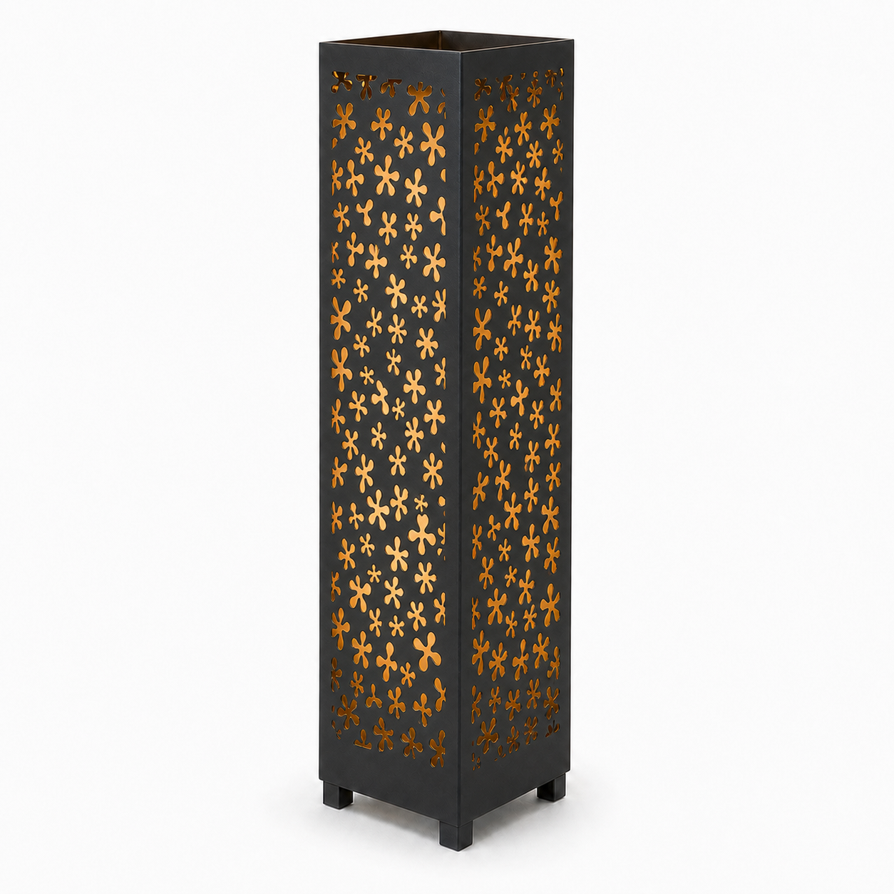 Design 046 black laser cut metal garden light tower with warm LED glow on white background