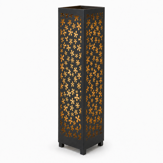Design 046 black laser cut metal garden light tower with warm LED glow on white background
