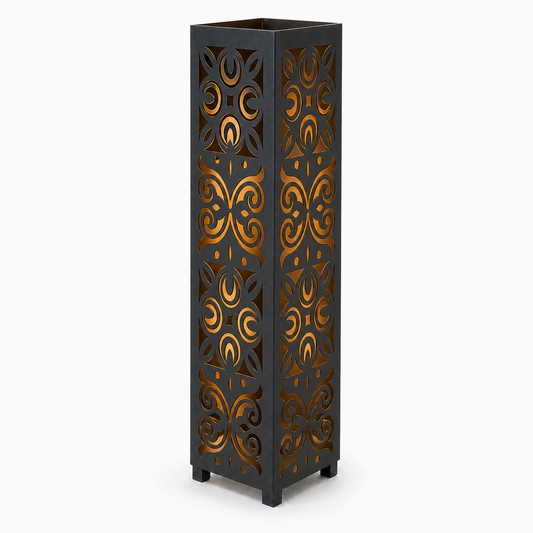 Design 047 black laser cut metal garden light tower with warm LED glow on white background