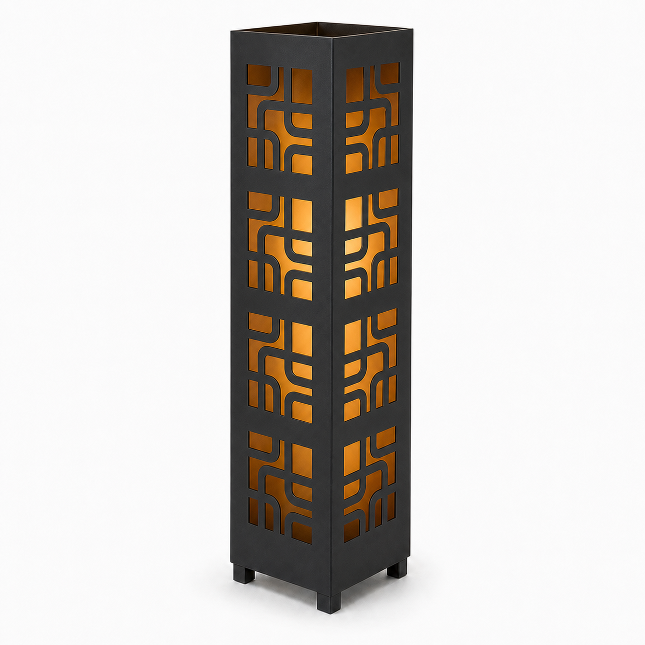 Design 048 black laser cut metal garden light tower with warm LED glow on white background