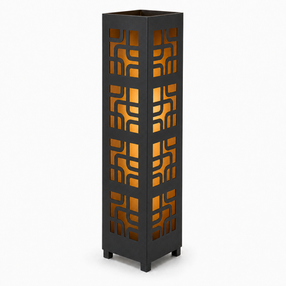 Design 048 black laser cut metal garden light tower with warm LED glow on white background