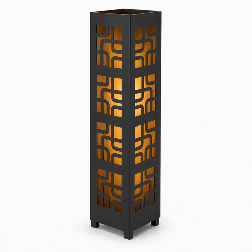 Design 048 black laser cut metal garden light tower with warm LED glow on white background