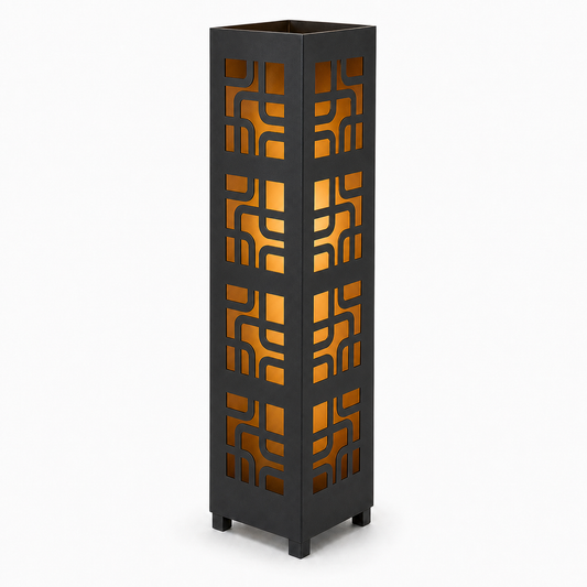 Design 048 black laser cut metal garden light tower with warm LED glow on white background