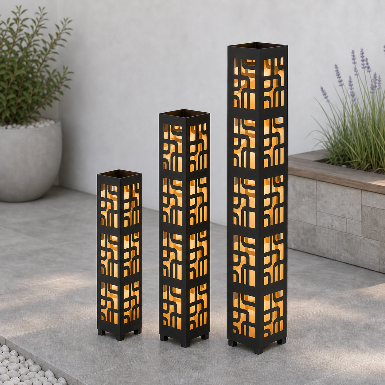 Design 048 laser cut garden light tower three size comparison