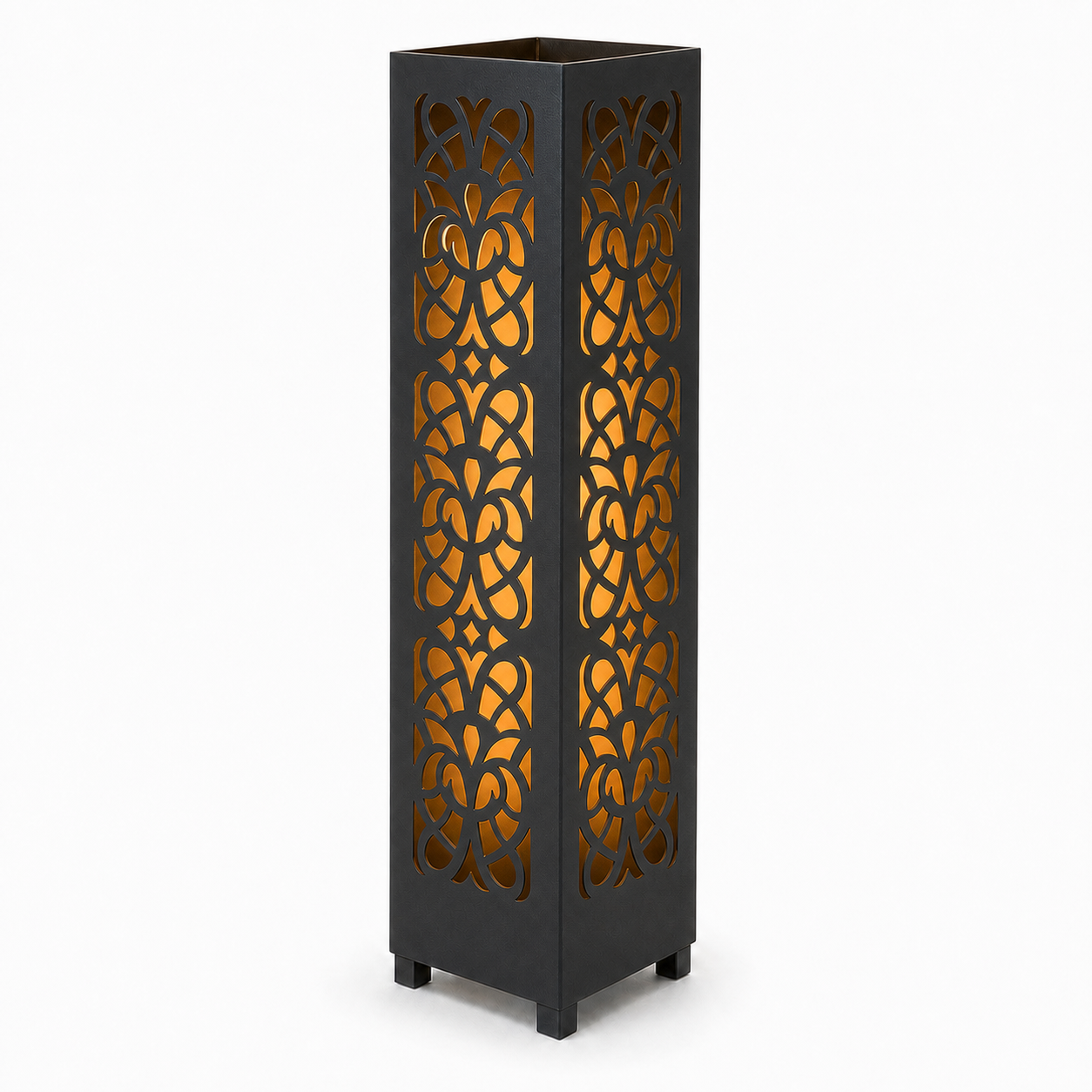 Design 049 black laser cut metal garden light tower with warm LED glow on white background