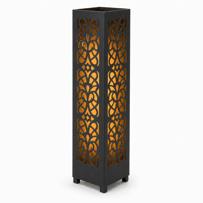 Design 049 black laser cut metal garden light tower with warm LED glow on white background