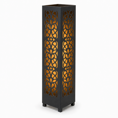 Design 049 black laser cut metal garden light tower with warm LED glow on white background