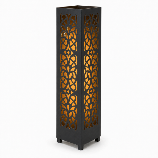 Design 049 black laser cut metal garden light tower with warm LED glow on white background