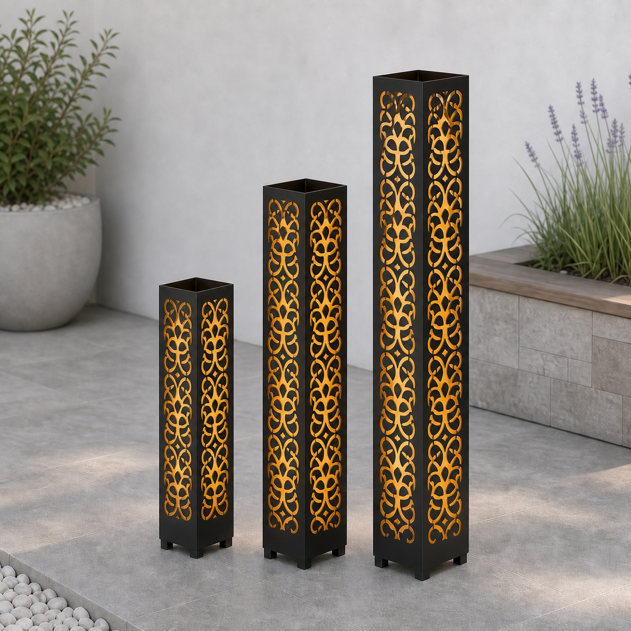 Design 049 laser cut garden light tower three size comparison