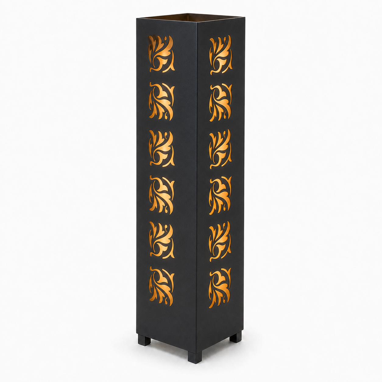Design 050 black laser cut metal garden light tower with warm LED glow on white background