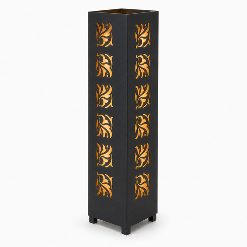 Design 050 black laser cut metal garden light tower with warm LED glow on white background