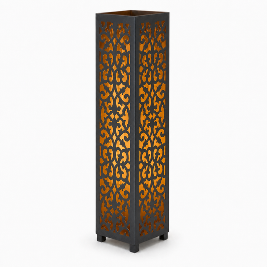 Design 051 black laser cut metal garden light tower with warm LED glow on white background