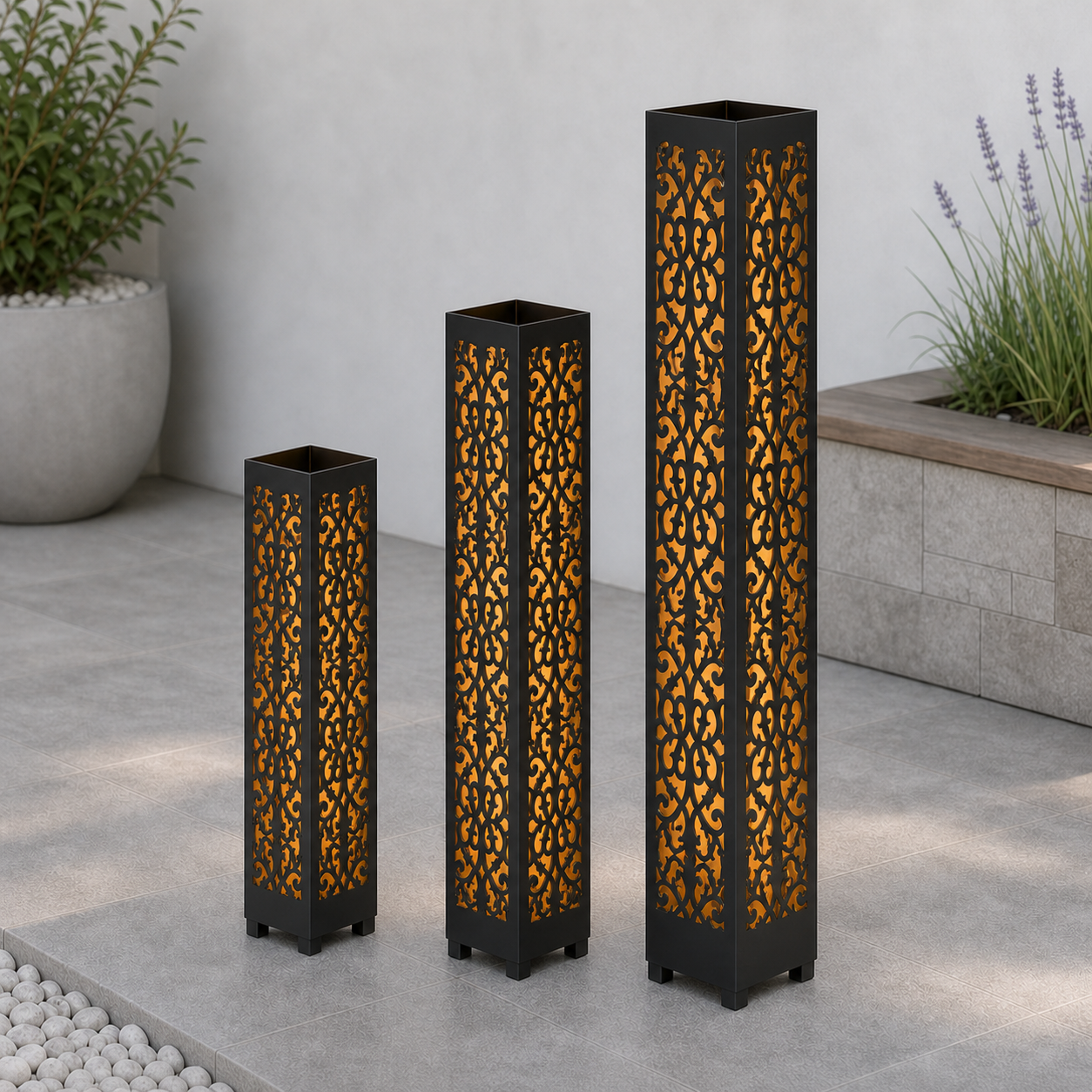 Design 051 laser cut garden light tower three size comparison