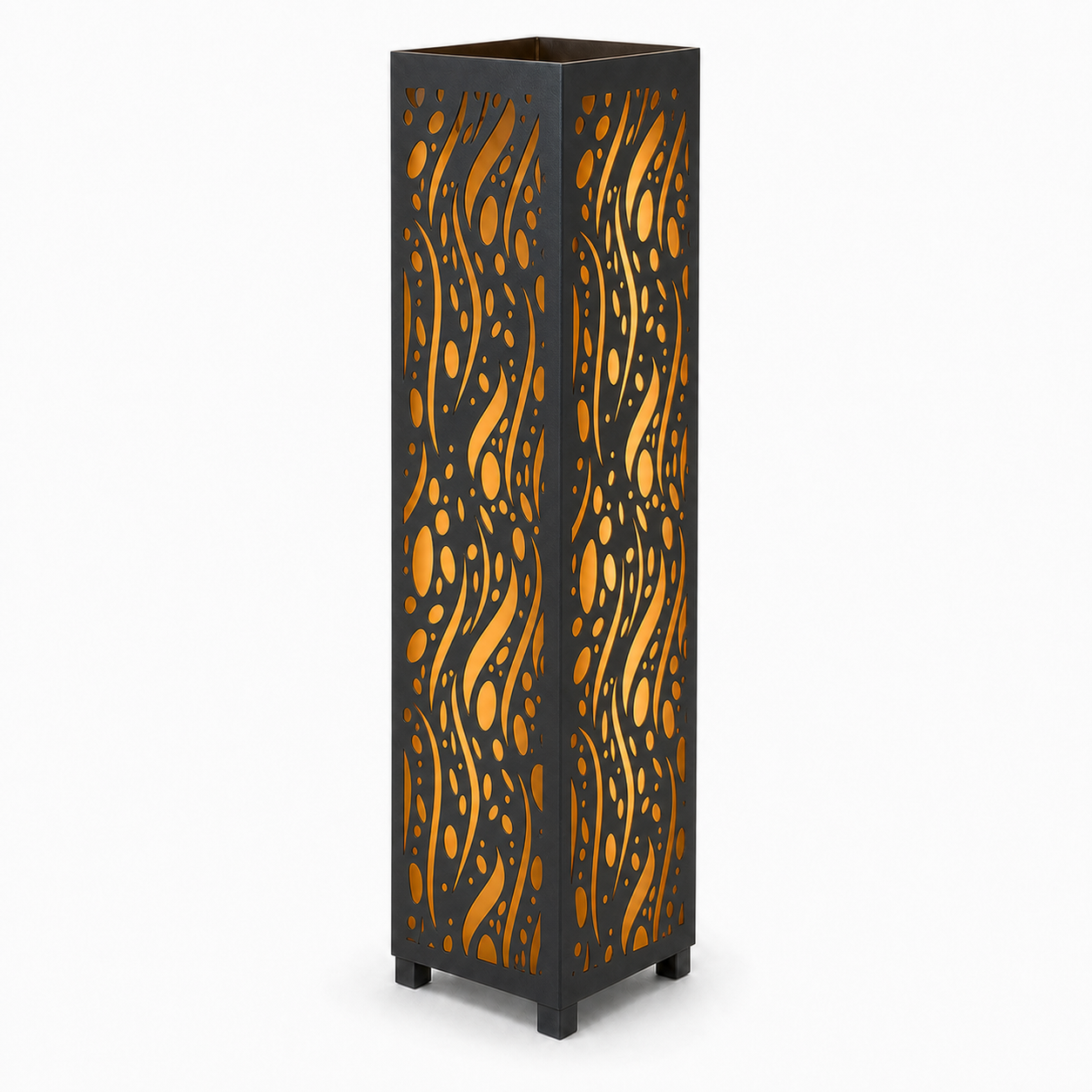 Design 052 black laser cut metal garden light tower with warm LED glow on white background