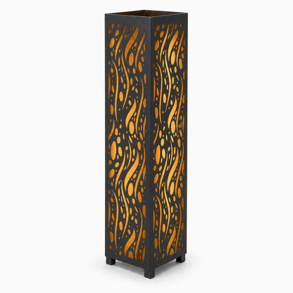 Design 052 black laser cut metal garden light tower with warm LED glow on white background