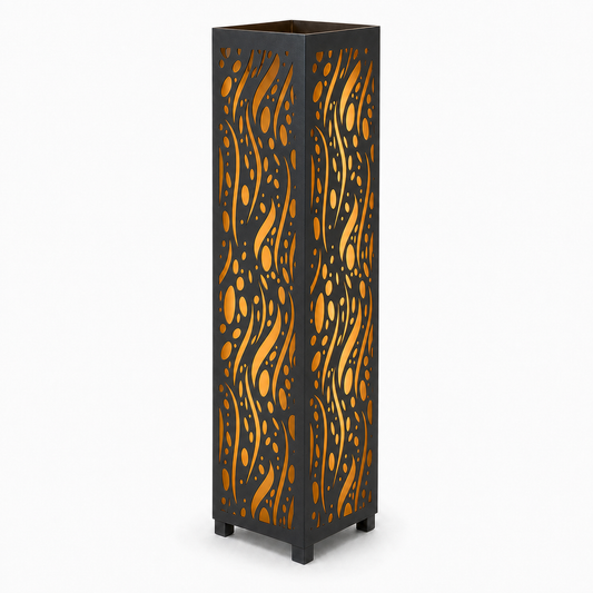 Design 052 black laser cut metal garden light tower with warm LED glow on white background