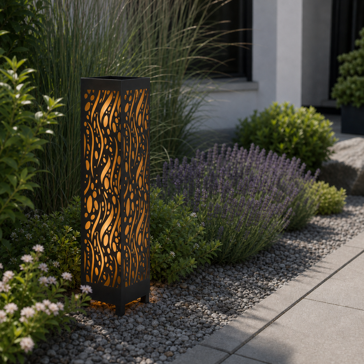 Design 052 laser cut garden light pillar installed in landscaped patio during daytime