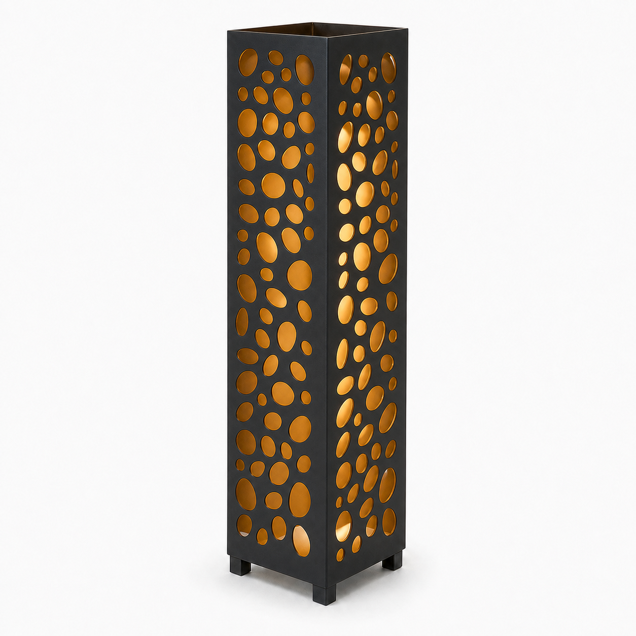 Design 053 black laser cut metal garden light tower with warm LED glow on white background